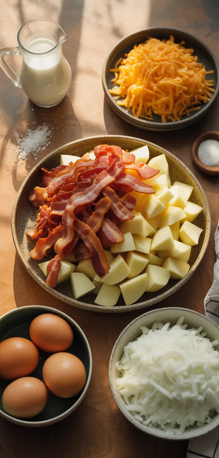 Ingredients photo for Bacon, Potato, And Egg Casserole Recipe