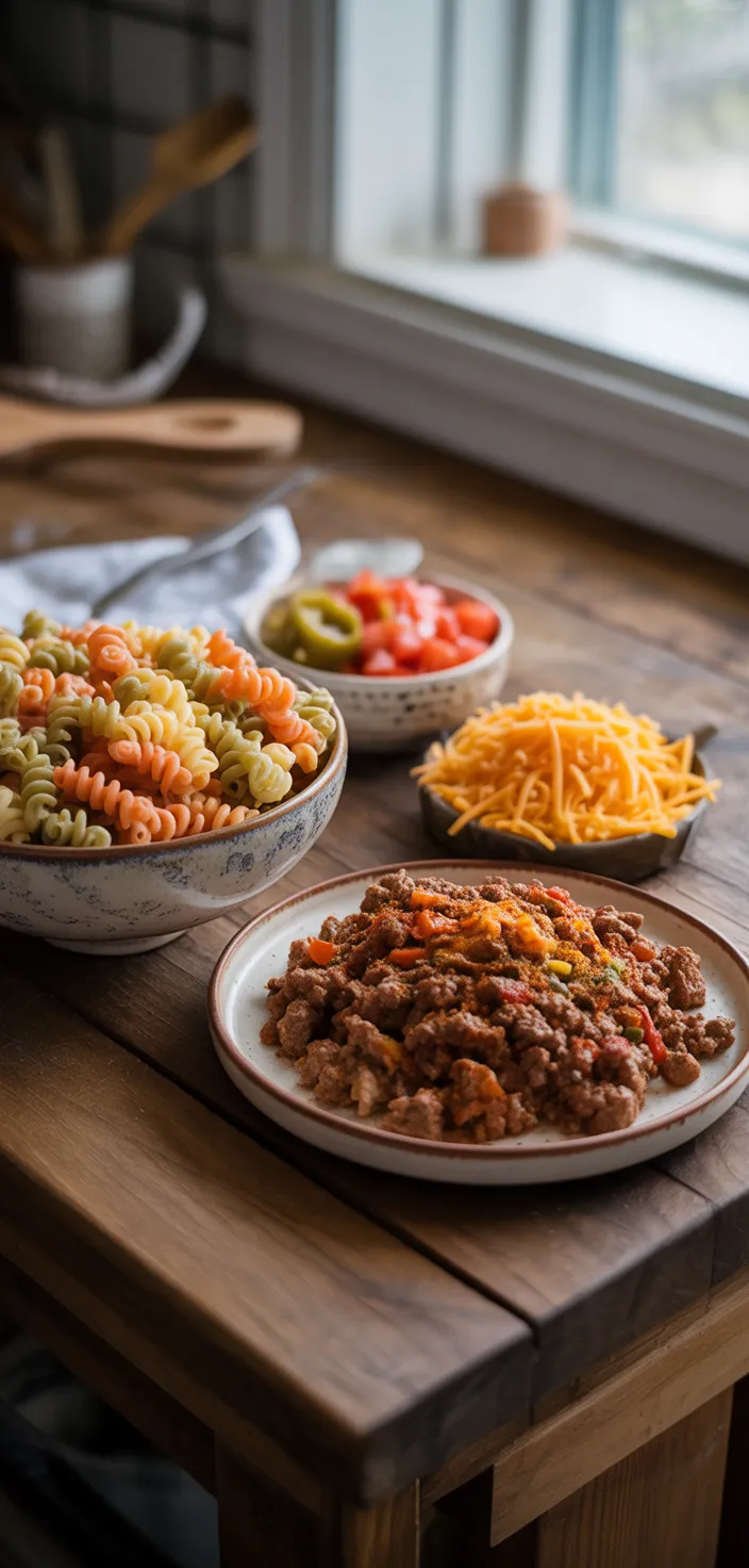 Ingredients photo for Cheesy Taco Pasta Recipe