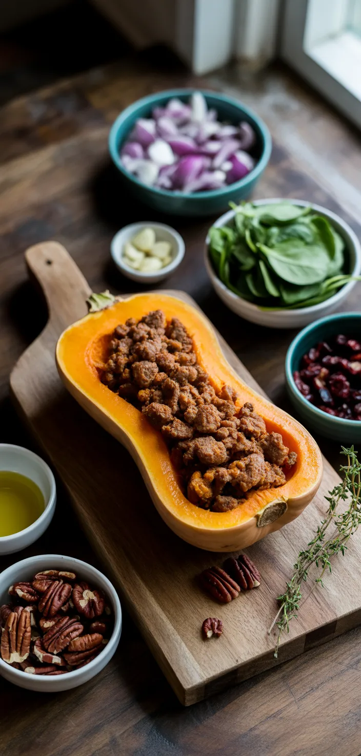 Ingredients photo for Sausage Stuffed Butternut Squash With Spinach, Pecans, And Cranberries Recipe