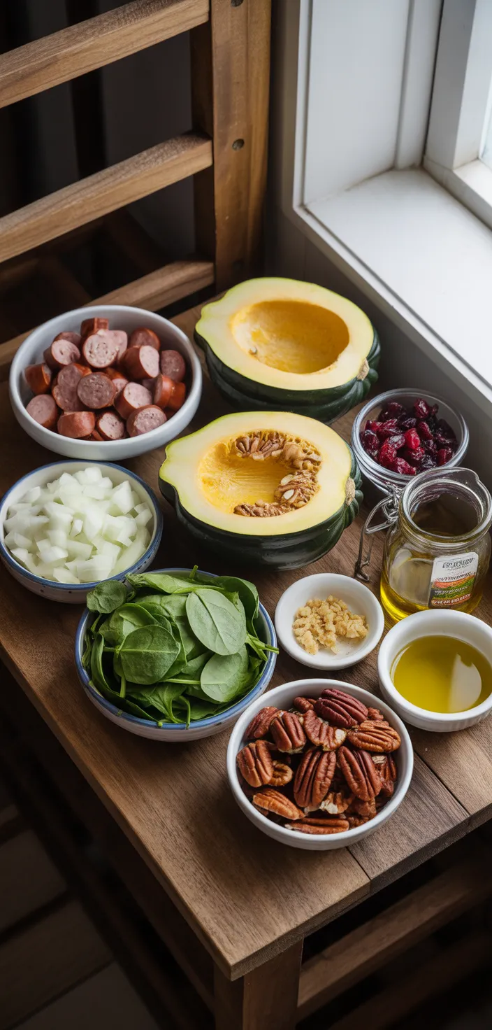 Ingredients photo for Stuffed Acorn Squash With Sausage, Spinach, Dried Cranberries, And Pecans Recipe