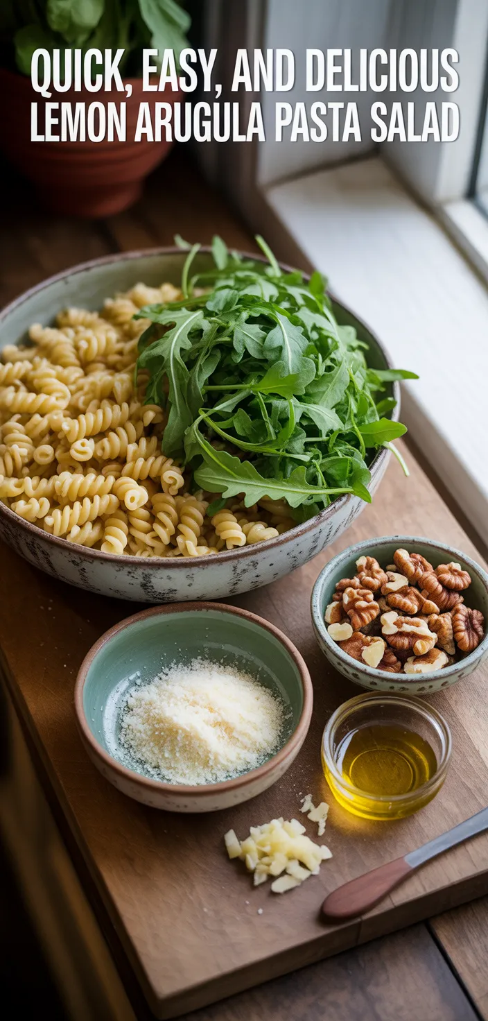 Ingredients photo for Quick, Easy, And DELICIOUS Lemon Arugula Pasta Salad Recipe