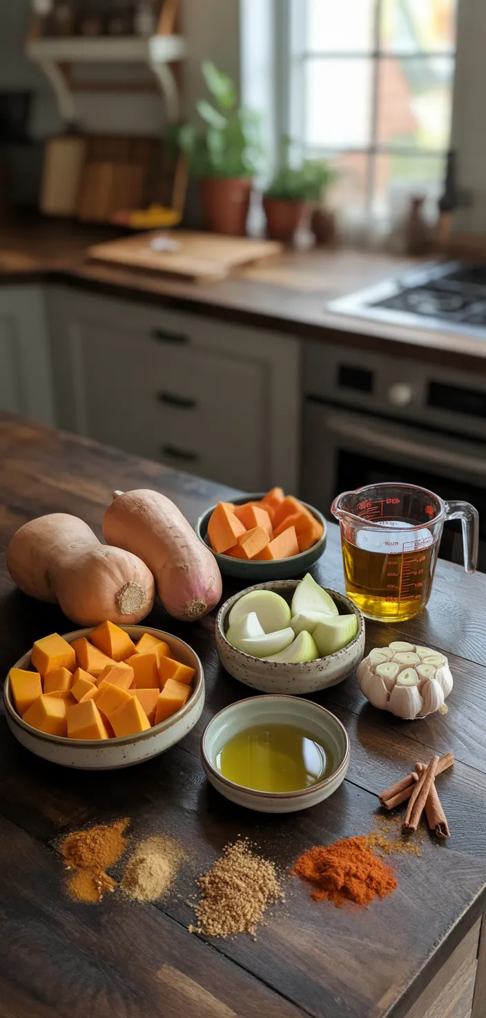 Ingredients photo for Spicy Butternut Squash Sweet Potato Soup Recipe