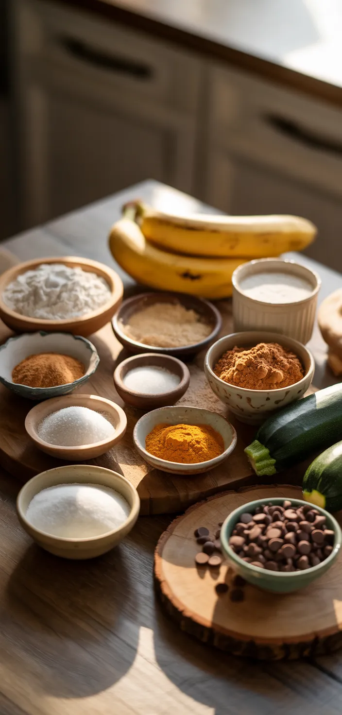 Ingredients photo for Chocolate Chip Zucchini Banana Bread Recipe