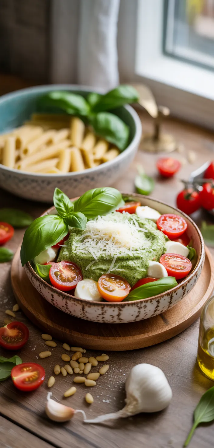 Ingredients photo for Light And Creamy Pesto Caprese Pasta Salad Recipe