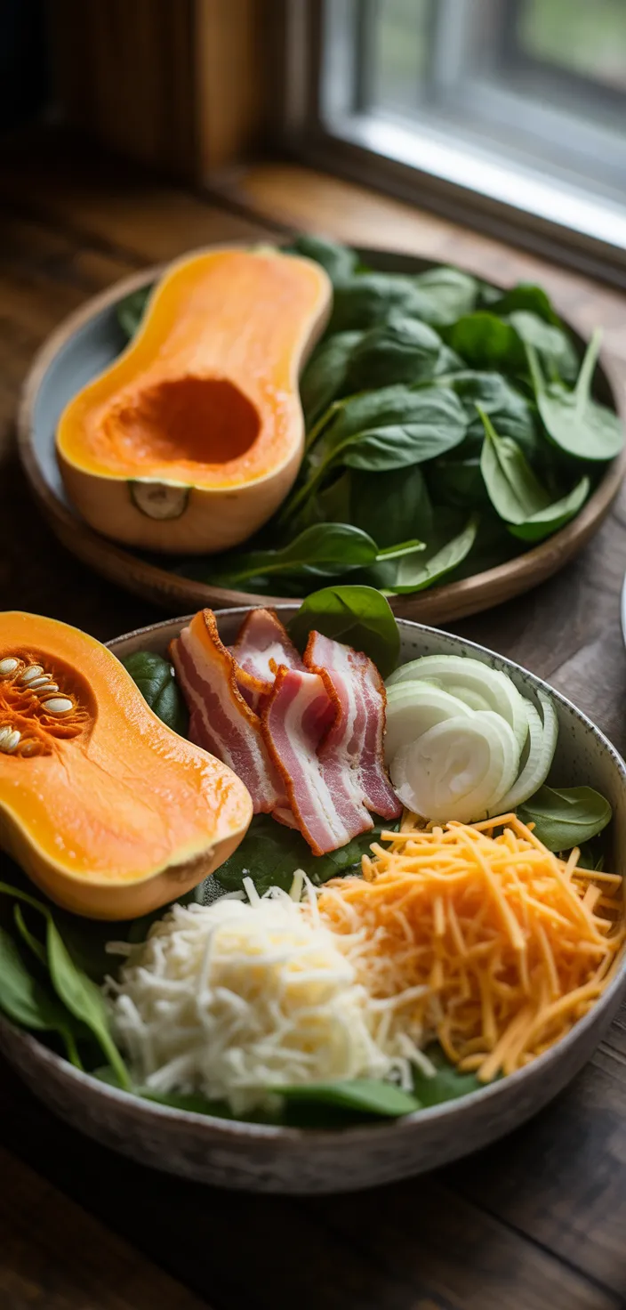 Ingredients photo for Stuffed Butternut Squash With Spinach, Bacon, And Cheese Recipe
